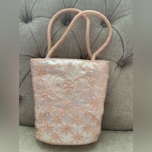 Beaded Floral Embroidered Tote Bag - Pink